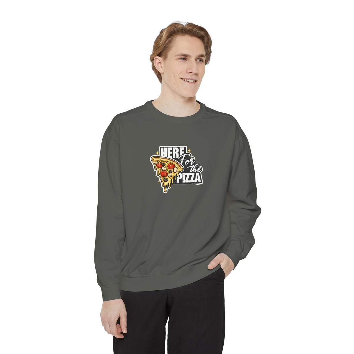 Pizza Lover Sweatshirt — "Here for the Pizza" Graphic Crewneck