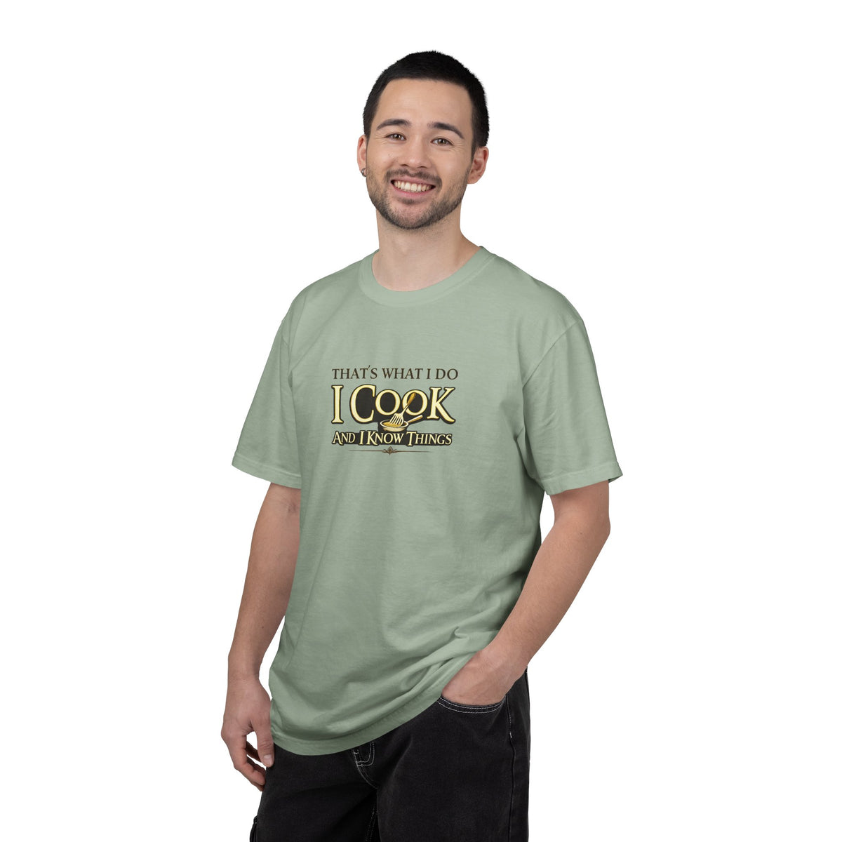 Chef Humor T-Shirt — "That's What I Do I Cook and I Know Things" Culinary Gift Tee