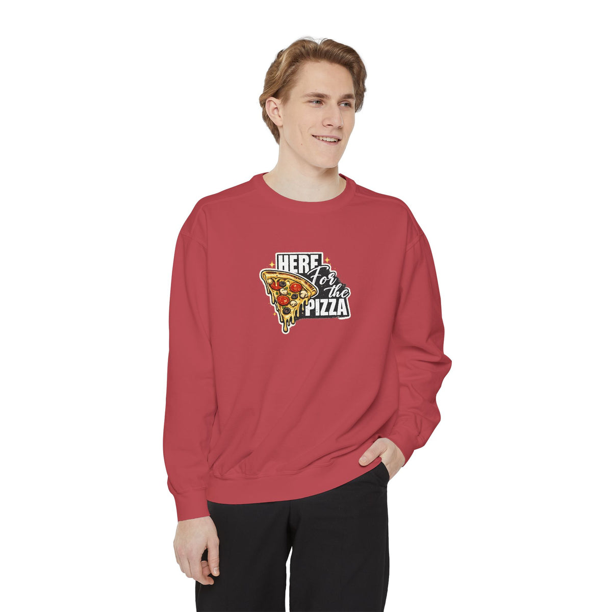 Pizza Lover Sweatshirt — "Here for the Pizza" Graphic Crewneck