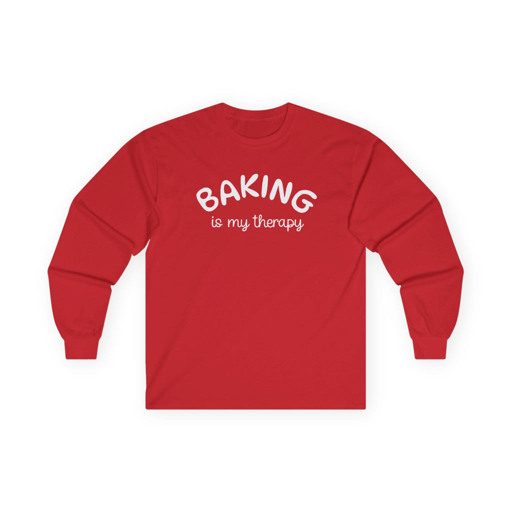 Long Sleeve Tee — "Baking Is My Therapy" Cute Minimalist Baker Shirt