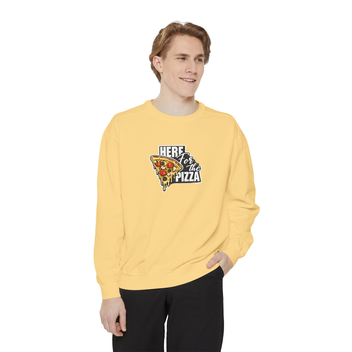 Pizza Lover Sweatshirt — "Here for the Pizza" Graphic Crewneck