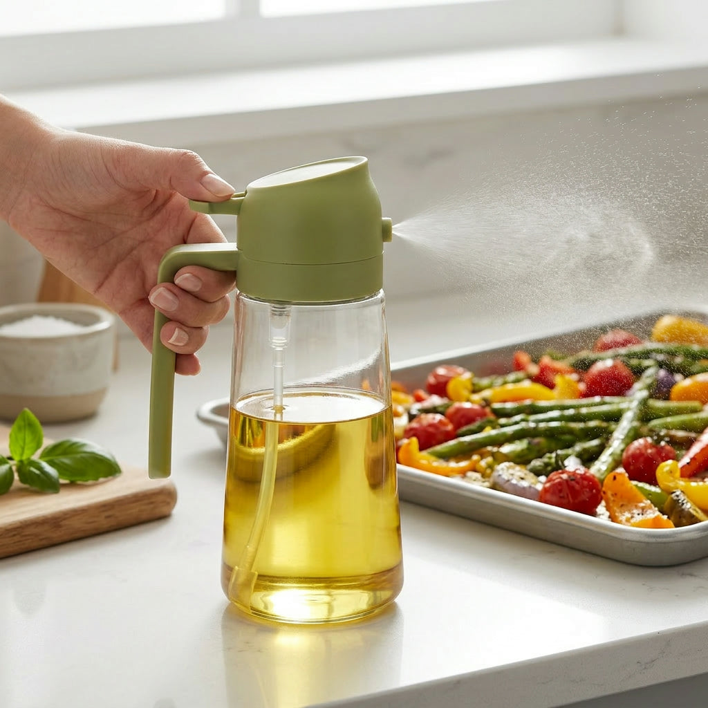 2-in-1 Oil Spray Bottle for Cooking – Refillable Kitchen Dispenser
