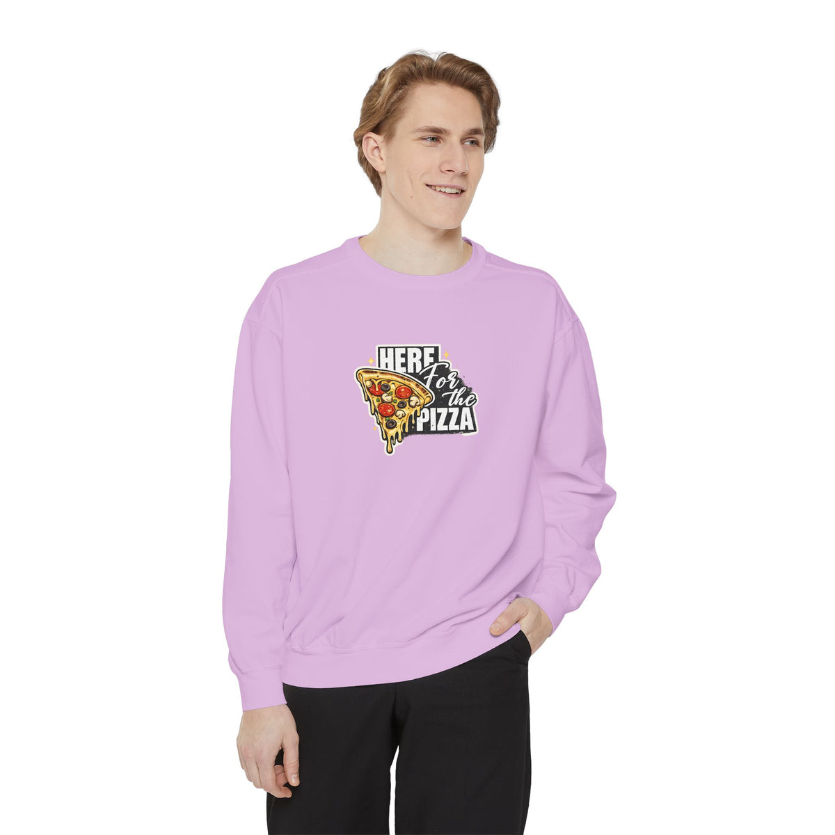 Pizza Lover Sweatshirt — "Here for the Pizza" Graphic Crewneck