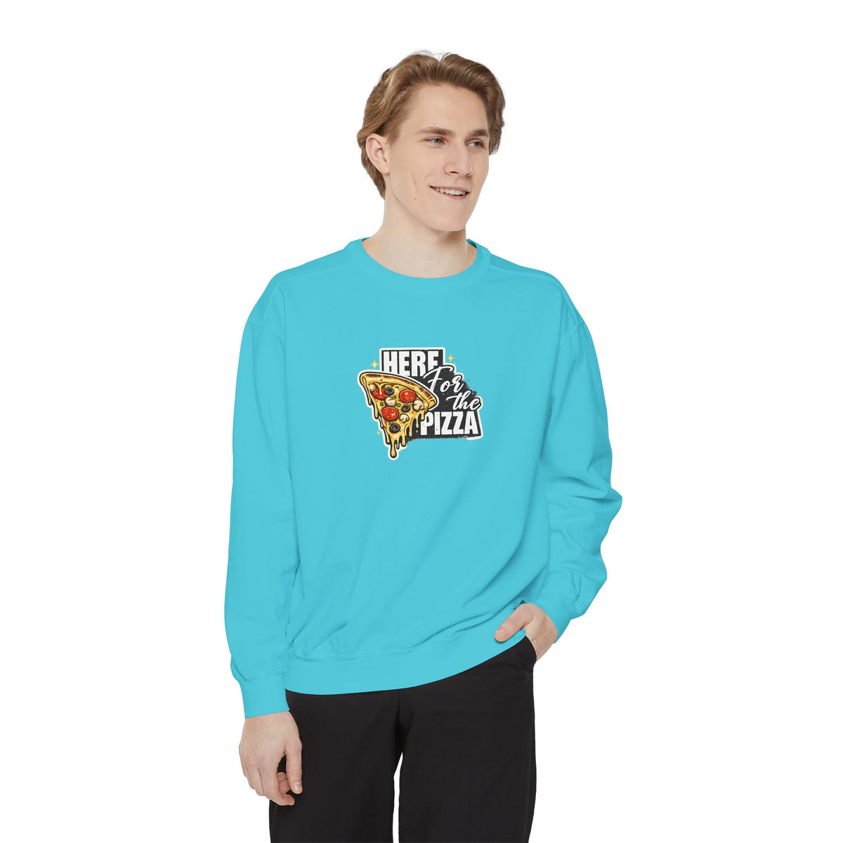 Pizza Lover Sweatshirt — "Here for the Pizza" Graphic Crewneck