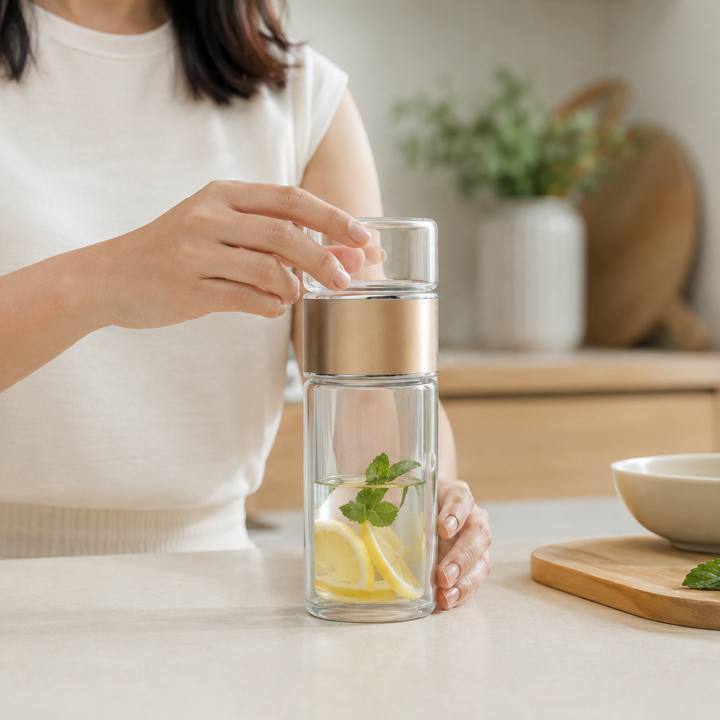 Glass Tea Infuser Bottle for Fresh Brews with Double-Wall Design