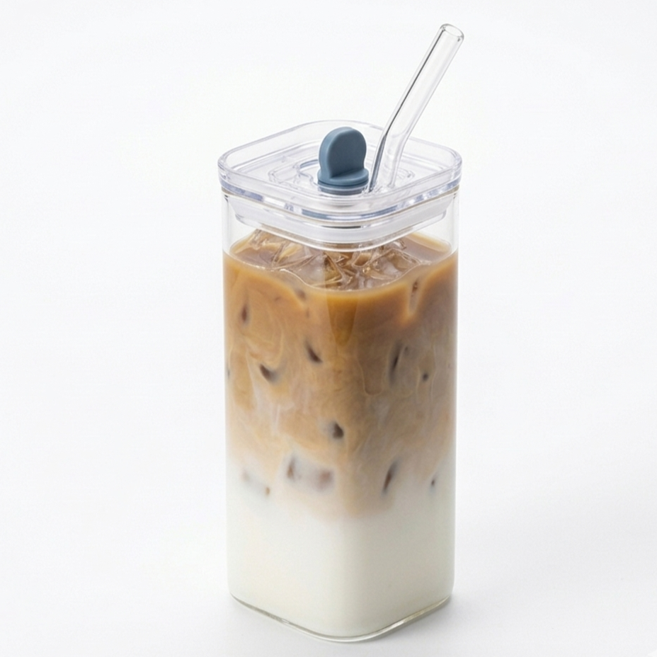 Square Glass Cup – Heat Resistant Drinkware with Lid & Straw