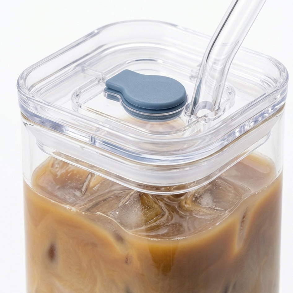 Square Glass Cup – Heat Resistant Drinkware with Lid & Straw