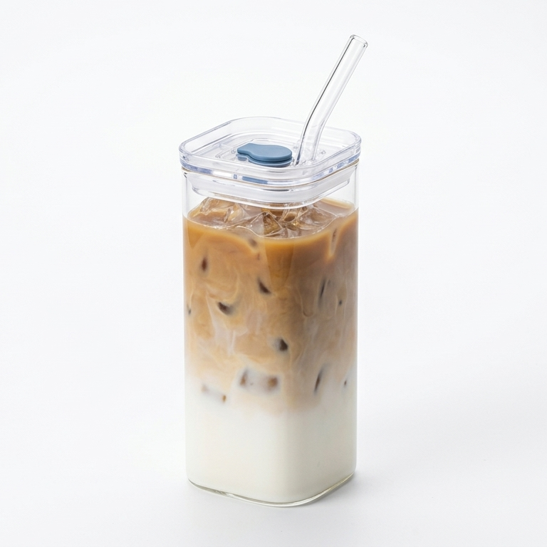 Square Glass Cup – Heat Resistant Drinkware with Lid & Straw