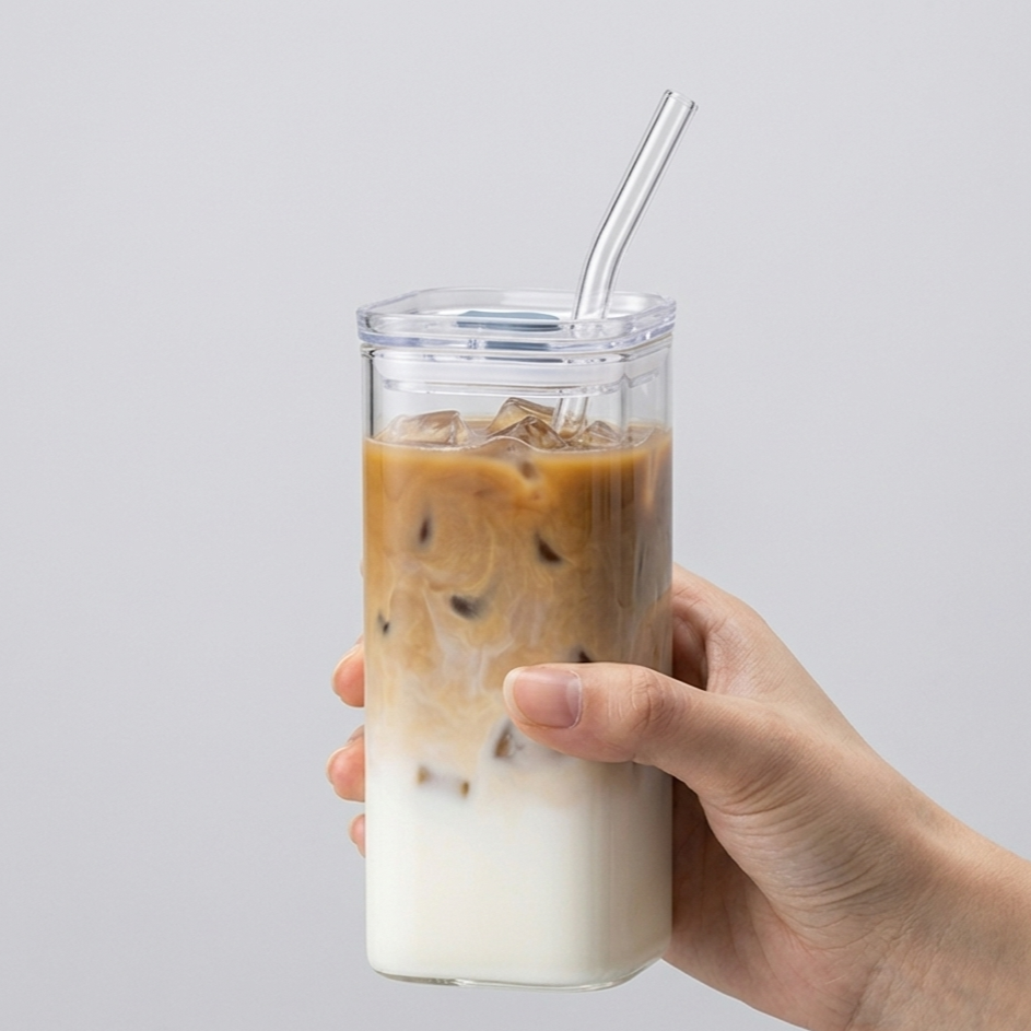 Square Glass Cup – Heat Resistant Drinkware with Lid & Straw
