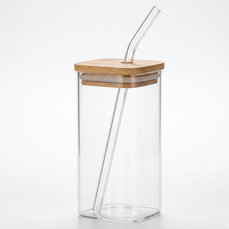 Square Glass Cup – Heat Resistant Drinkware with Lid & Straw
