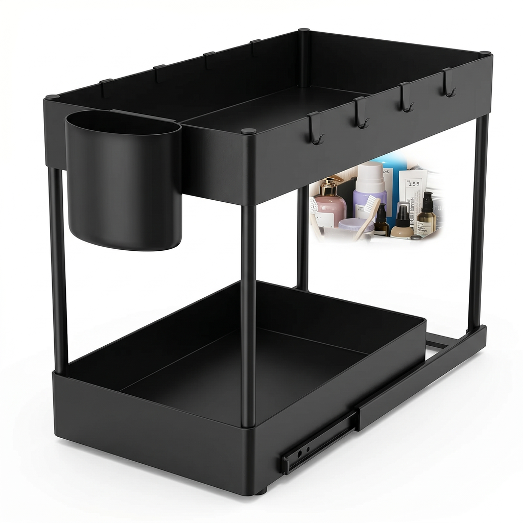 2-Tier Under-Sink Sliding Cabinet Organizer Rack with Hooks