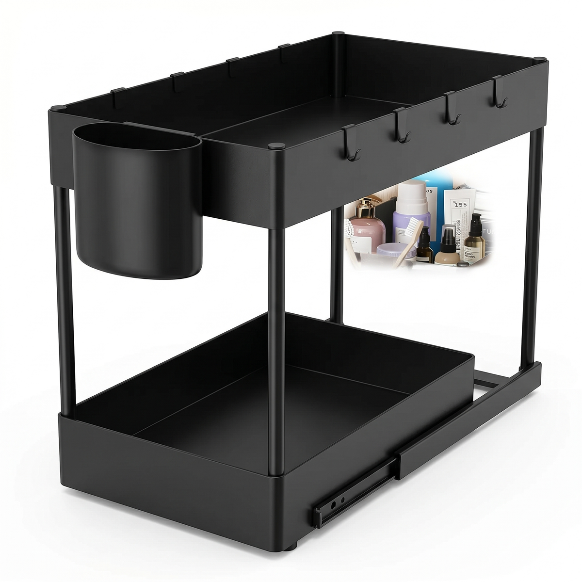 2-Tier Under-Sink Sliding Cabinet Organizer Rack with Hooks