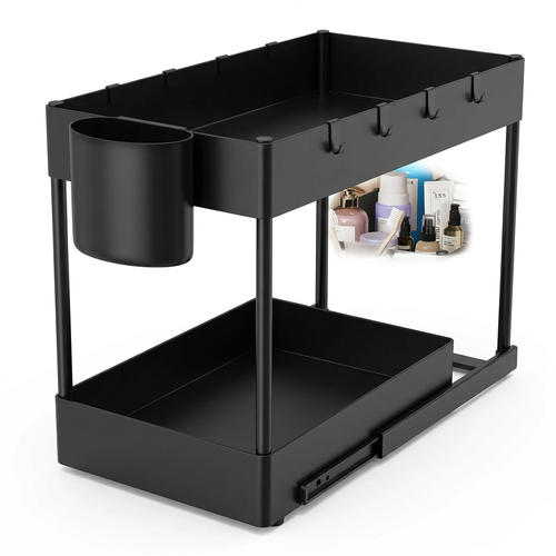2-Tier Under-Sink Sliding Cabinet Organizer Rack with Hooks