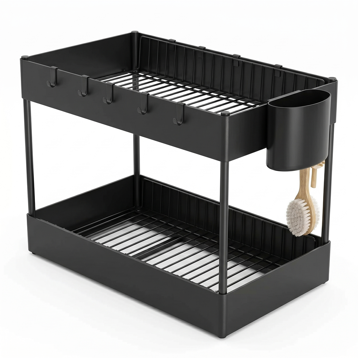 2-Tier Under-Sink Sliding Cabinet Organizer Rack with Hooks