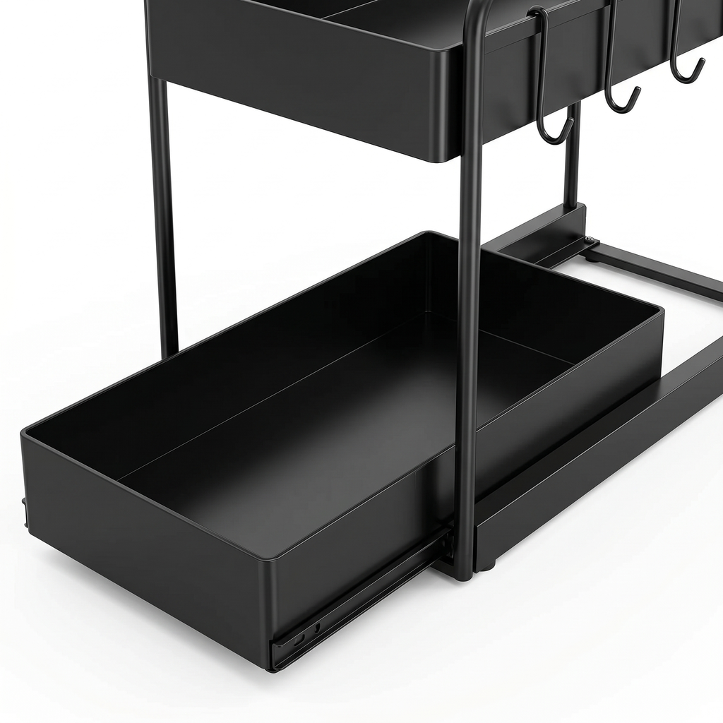 2-Tier Under-Sink Sliding Cabinet Organizer Rack with Hooks