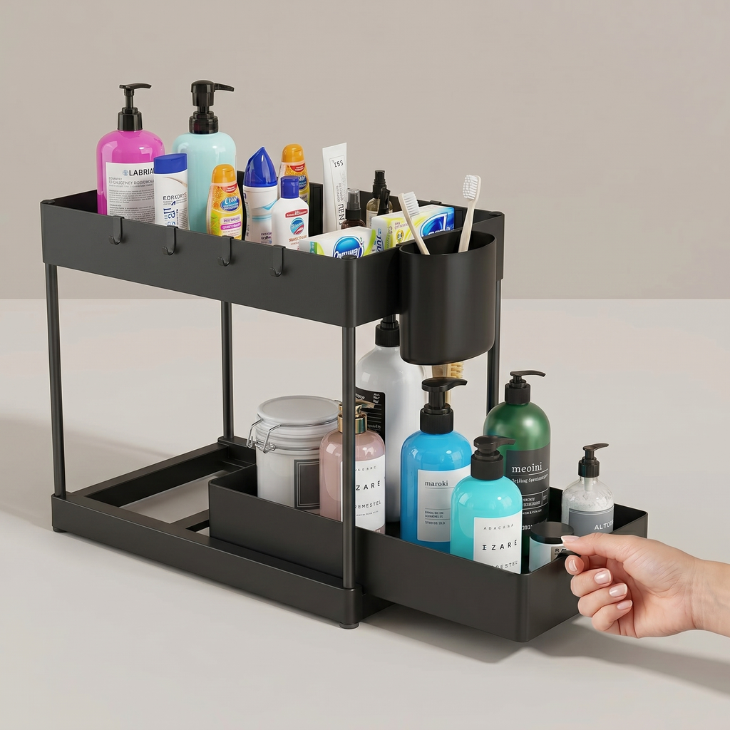 2-Tier Under-Sink Sliding Cabinet Organizer Rack with Hooks