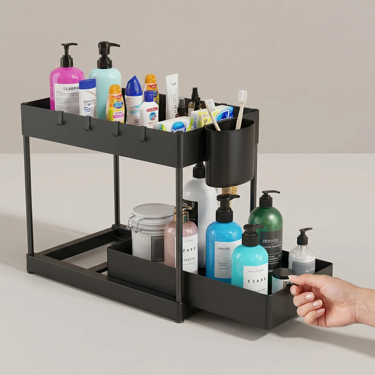 2-Tier Under-Sink Sliding Cabinet Organizer Rack with Hooks