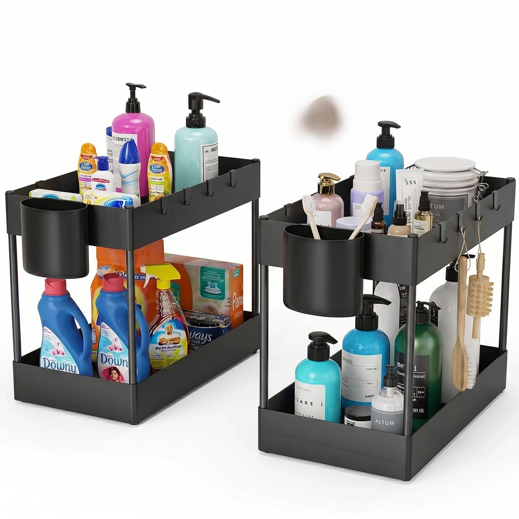2-Tier Under-Sink Sliding Cabinet Organizer Rack with Hooks