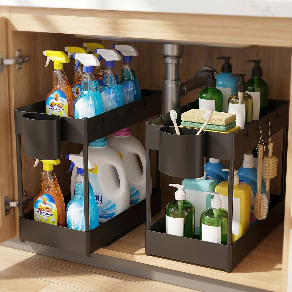 2-Tier Under-Sink Sliding Cabinet Organizer Rack with Hooks