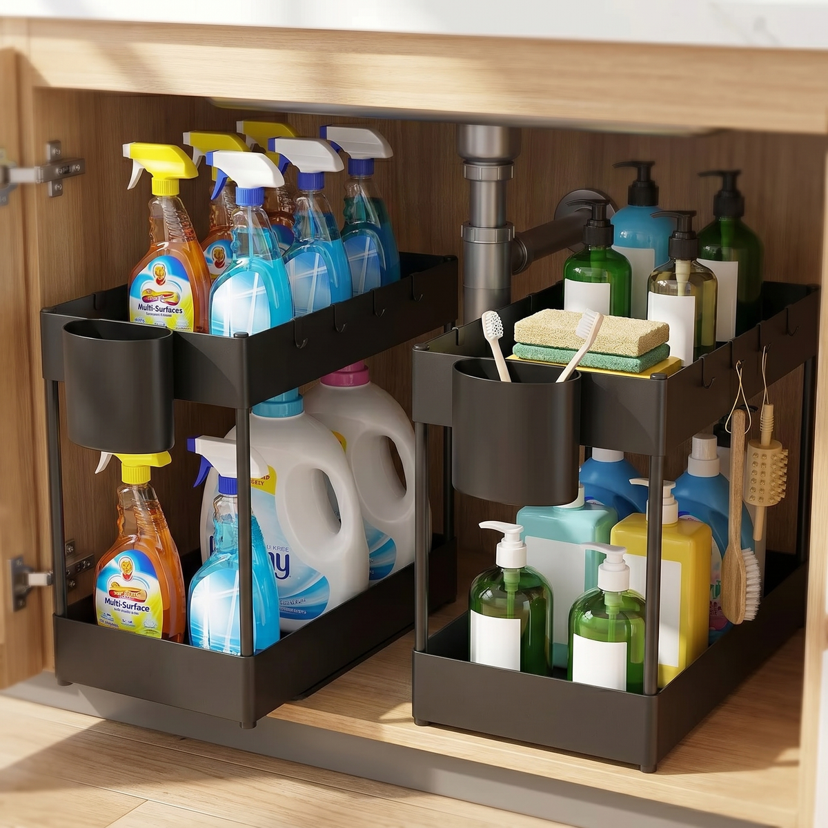 2-Tier Under-Sink Sliding Cabinet Organizer Rack with Hooks
